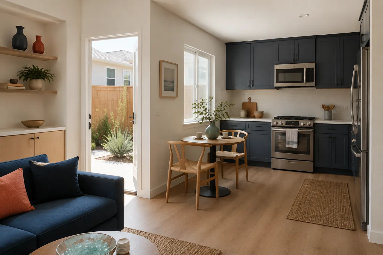 ADU interior design concept with light oak cabinetry, a sea-glass palette, and a bright garden-facing living area