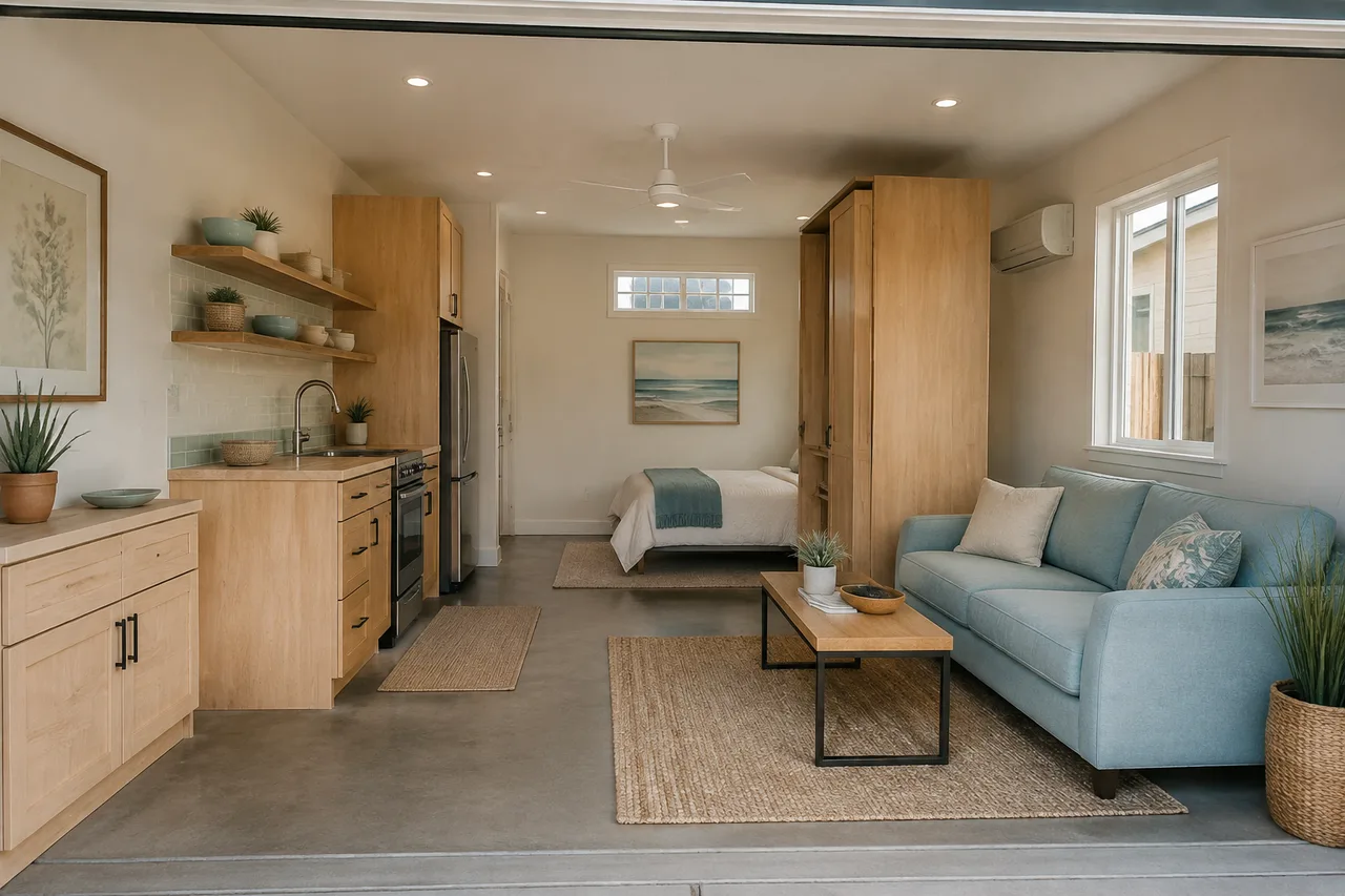 Garage conversion design inspiration with a contemporary entry, coastal planting, and sheltered outdoor seating